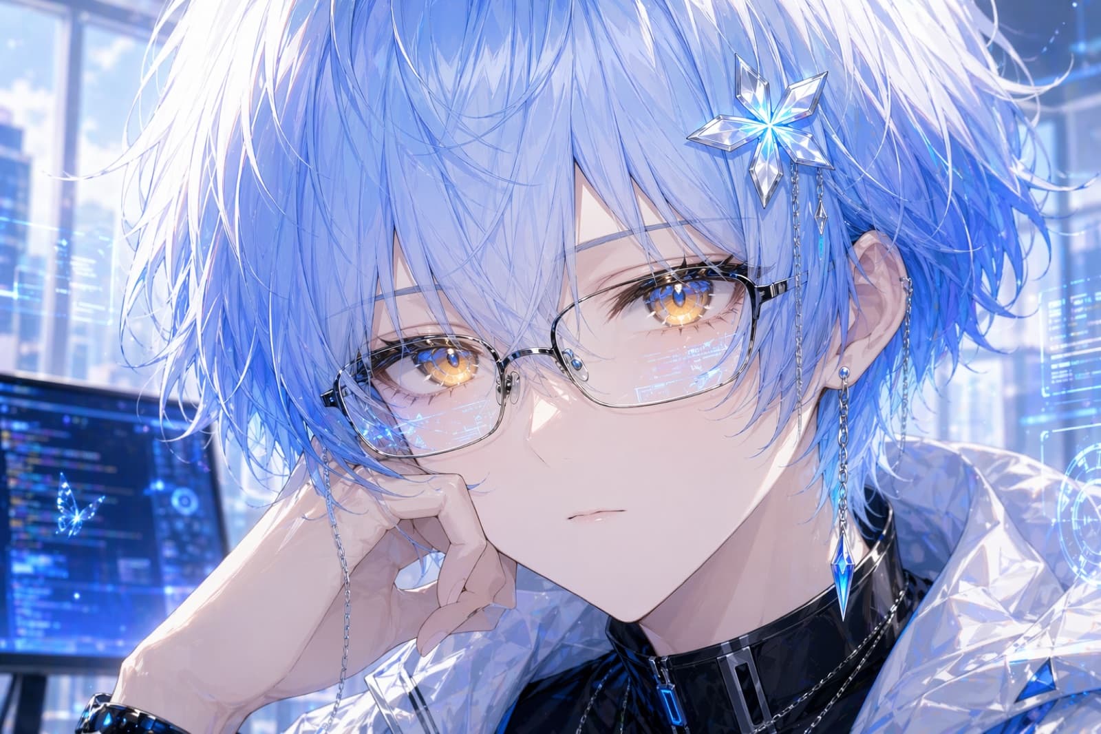 Eyes reflecting cold gold-blue under screen light